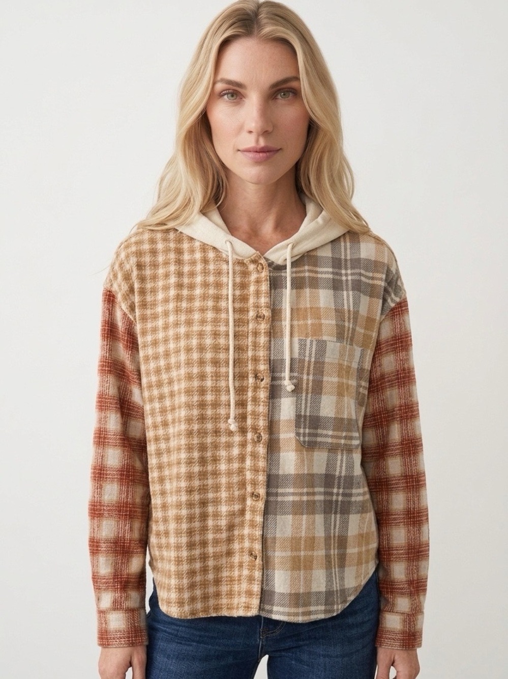 Ultra Flirt Plaid Patchwork Hooded Shirt - Beige & Rust Size Large
